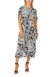 Chaus Print Tie Waist Split Sleeve Midi Dress In Black/white