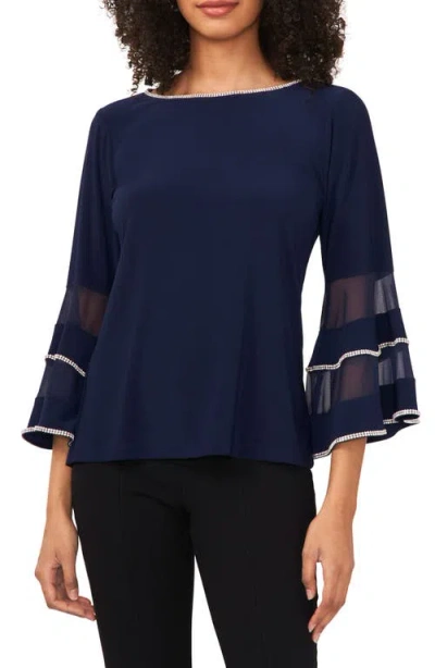 Chaus Rhinestone Illusion Bell Sleeve Blouse In Blue