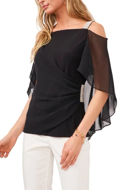 Chaus Rhinestone Trim Cold Shoulder Chiffon Blouse