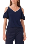 Chaus Rhinestone Trim Cold Shoulder Top In Blue