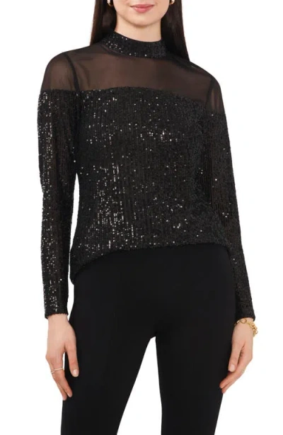 Chaus Sequin Mock Neck Long Sleeve Top In Black
