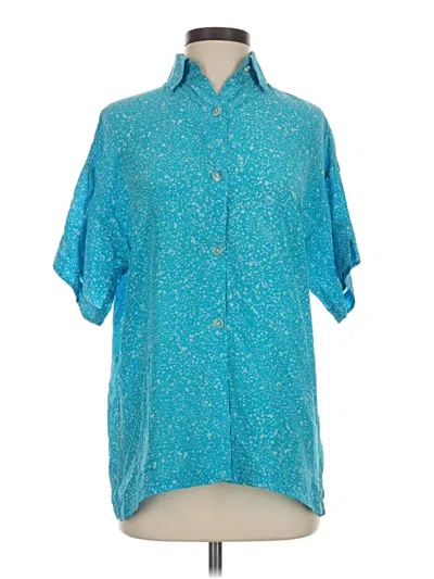 Pre-owned Chaus Short Sleeve Silk Top Teal Stars Pattern Collared Neckline Tops