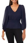 Chaus Smock Waist Peplum Metallic Clip Dot Blouse In Blue