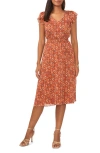 Chaus Tile Print Smock Waist Flutter Sleeve Midi Dress In Rust/sky Blue 237