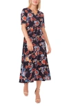 Chaus V-neck Faux Wrap Midi Dress In Navy Blue/ Multi