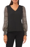 Chaus V-neck Smocked Cuff Blouse In Black
