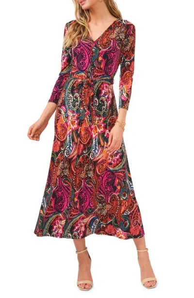 Chaus V-neck Tie Waist Midi Dress In Black/fuschia/rust