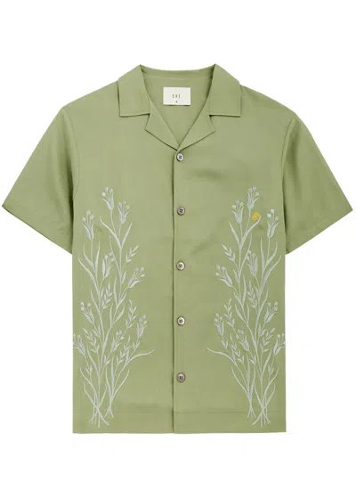 Che Cedar Floral-embroidered Twill Shirt In Sage