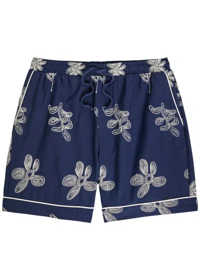 Che Flores Floral-embroidered Cotton Shorts In Blue