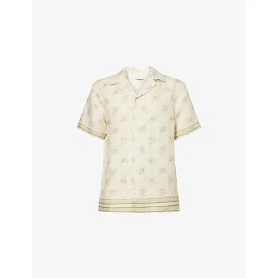 Che Mens Ecru Telha Printed Linen Shirt Xl In Sand