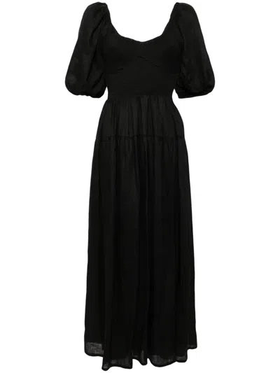 Che Rosarico Puff Sleeves Linen Dress In Black