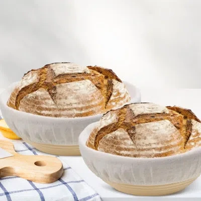 Cheer Collection 2-piece Natural Rattan Round Bread Proofing Basket Set Baking Tools In Natural Wood