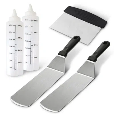 Cheer Collection 5 Piece Stainless Steel Griddle Set – Spatulas, Scraper, And Squeeze Bottles