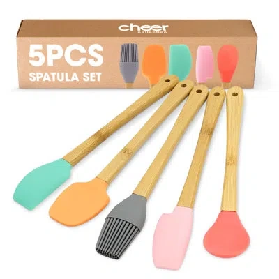 Cheer Collection 5-piece Mini Silicone Spatula And Baking Utensil Set With Bamboo Handles In Natural Wood