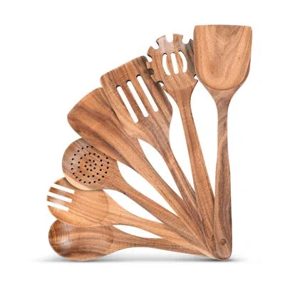 Cheer Collection 7 Piece Wooden Kitchen Utensils Set In Brown