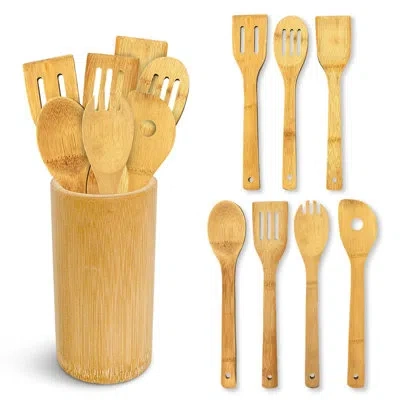 Cheer Collection 8 Piece Bamboo Cooking Utensils Set With Holder – Natural, Durable & Non-scratch In Natural Wood