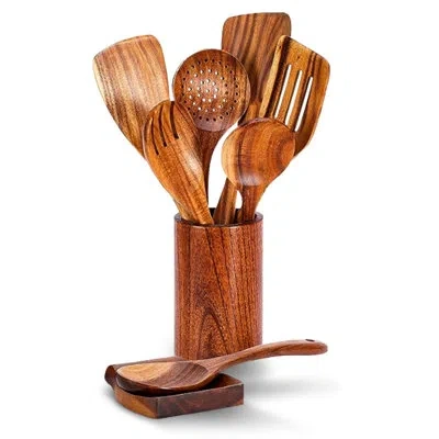 Cheer Collection 9 Piece Wooden Kitchen Utensils Set With Holder And Spoon Rest In Brown