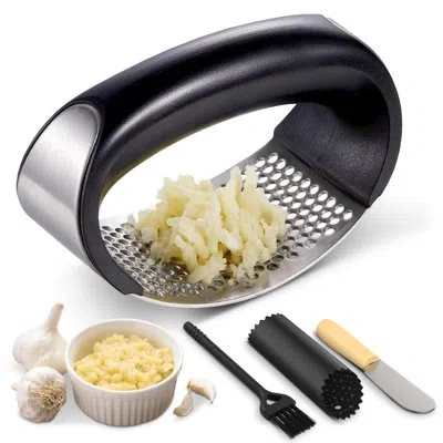 Cheer Collection Garlic Press Rocker Set With Silicone Peeler, Scraper Knife And Cleaning Brush In Black