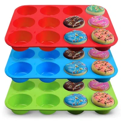 Cheer Collection Set Of 3 Nonstick Silicone 12-cup Muffin Pans For Easy Baking And Cleaning In Blue;green;red