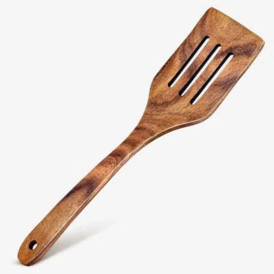 Cheer Collection Teak Wood Slotted Cooking Spatula With Drain Slots In Brown