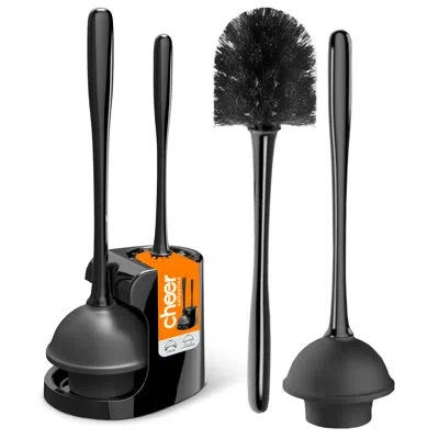Cheer Collection Toilet Plunger And Bowl Brush Set With Compact Storage Holder In Black