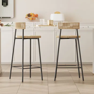 Chef Bar Hand Woven Bar Stools With Back Set Of 2 Paper Rope Round Barstools With Footrest For Kitchen Island
