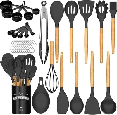 Chef Kitchen Cooking Utensils Set, 33 Pcs Non-stick Silicone Cooking Kitchen Spatula Set With Holder, Wooden Hand In Black