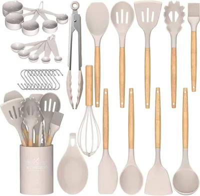 Chef Kitchen Cooking Utensils Set, 33 Pcs Non-stick Silicone Cooking Kitchen Utensils Spatula Set With Holder, Wo In Neutral