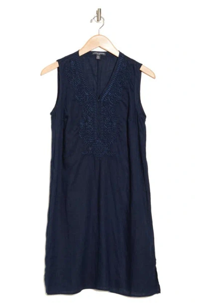 Chelsea And Theodore Embroidered Linen Dress In Navy