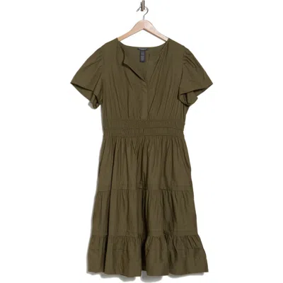 Chelsea And Theodore Split Neck Tiered Dress In Frosty Olive