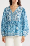 Chelsea And Theodore Tie Neck Long Sleeve Cotton Babydoll Top In Blue