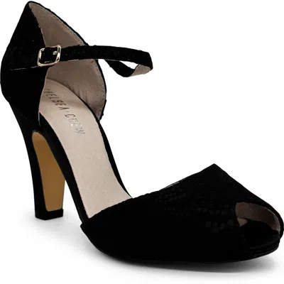 Chelsea Crew Lulu Ankle Strap Peep Toe Pump In Black Lace/satin