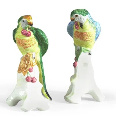 Chelsea House 2 Piece Parrot With Cherries Figurine Set In Green,white,yellow