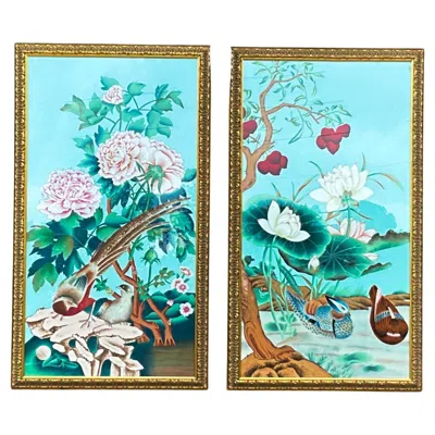 Pre-owned Chelsea House Large Asian Oil On Silk Paintings By , Floral, Bird, Botanical S/2 In Brown
