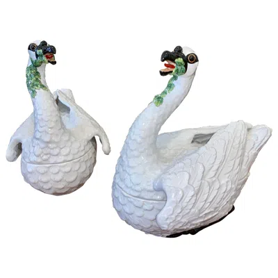 Pre-owned Chelsea House Pair Of Limited Edition Porcelain Swan Tureens In Meissen Style In Gray