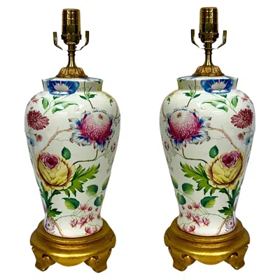 Pre-owned Chelsea House Porcelain Ginger Jar Form Floral / Botanical Table Lamps Att. -pair In Brown
