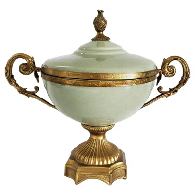 Pre-owned Chelsea House Vintage Celadon Green Porcelain & Brass Ormolu Urn, 1970s