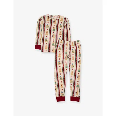 Chelsea Peers Kids' Istmas Chip The Cockapoo Striped Jersey Graphic-print Pyjama Set 1-12 Years Off Whit In Neutral