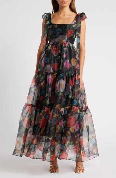 Chelsea28 Bow Shoulder Floral Tiered Gown In Black Multi Floral