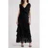 Chelsea28 Cap Sleeve Cascading Ruffle Gown In Black