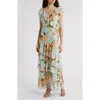 Chelsea28 Cap Sleeve Cascading Ruffle Gown In Blue Romantic Blooms