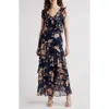Chelsea28 Cap Sleeve Cascading Ruffle Gown In Navy League Romantic Blooms