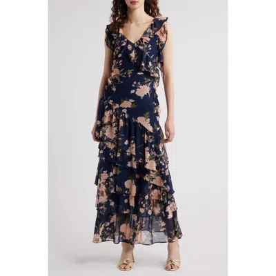 Chelsea28 Cap Sleeve Cascading Ruffle Gown In Navy League Romantic Blooms