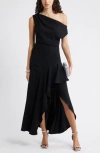 Chelsea28 Cascading Ruffle Crepe One-shoulder Gown In Black