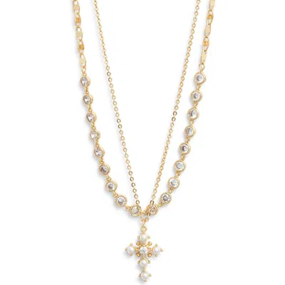 Chelsea28 Demi Fine Frontal Stone Necklace & Faux Pearl Cross Pendant Necklace In Gold