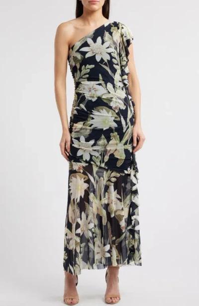 Chelsea28 Drape Ruffle One-shoulder Maxi Dress In Navy- Green Island Floral