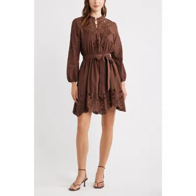 Chelsea28 Embroidered Long Sleeve Tie Waist Minidress In Brown