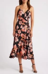 Chelsea28 Faux Wrap Midi Dress In Black- Pink Floral