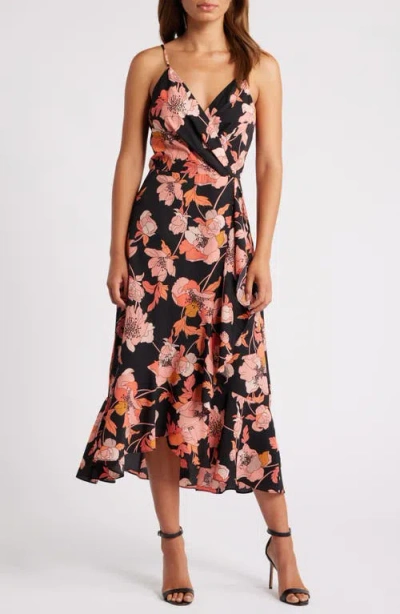 Chelsea28 Faux Wrap Midi Dress In Black- Pink Floral