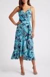 Chelsea28 Faux Wrap Midi Dress In Blue/green Multi